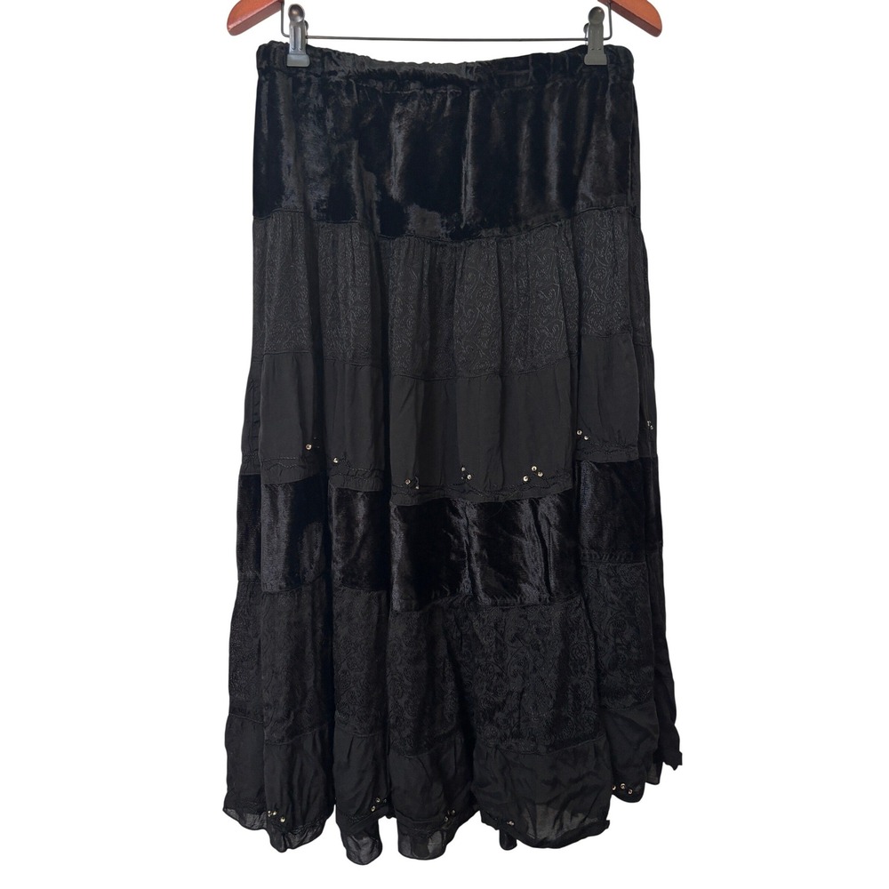 Y2K Coconut Republic Black Crushed Velvet Tiered Midi Skirt Floral Jacquard